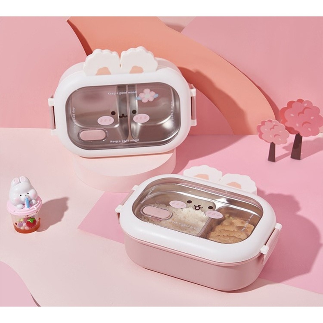 Cutie pentru Pranz sau Gustari, Flippy, cu Doua Compartimente, Model Iepuras, pentru Copii si Adulti, Etansare, PP, Perfect pentru Scoala si Birou, 1000 mL, 22x17.8x8 cm, Roz