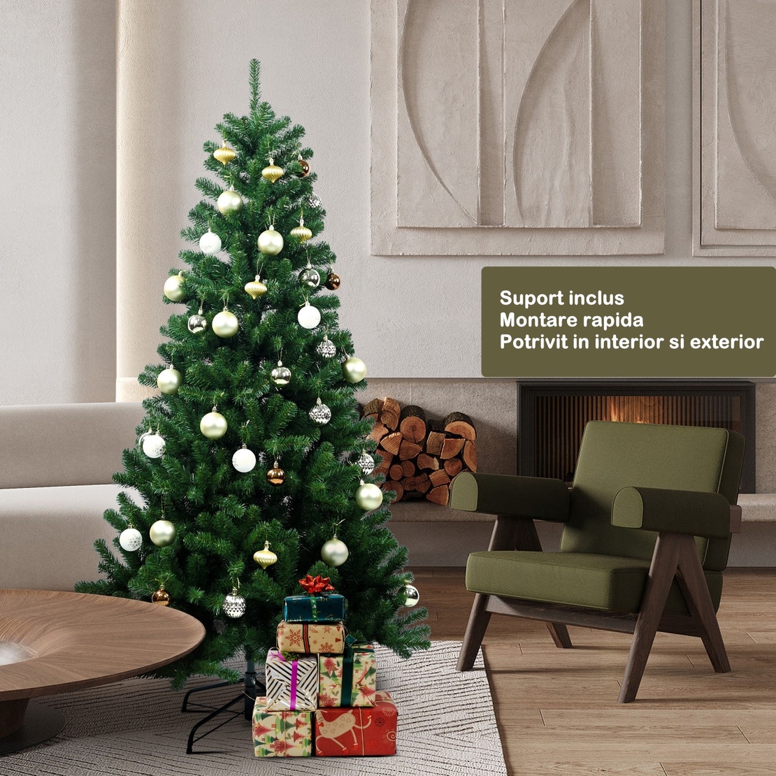Brad de Craciun artificial cu suport inclus Flippy, 155 cm, 600 ramuri/varfuri, material plastic, suport clasic, fara iluminare, utilizat pentru interior/exterior, verde