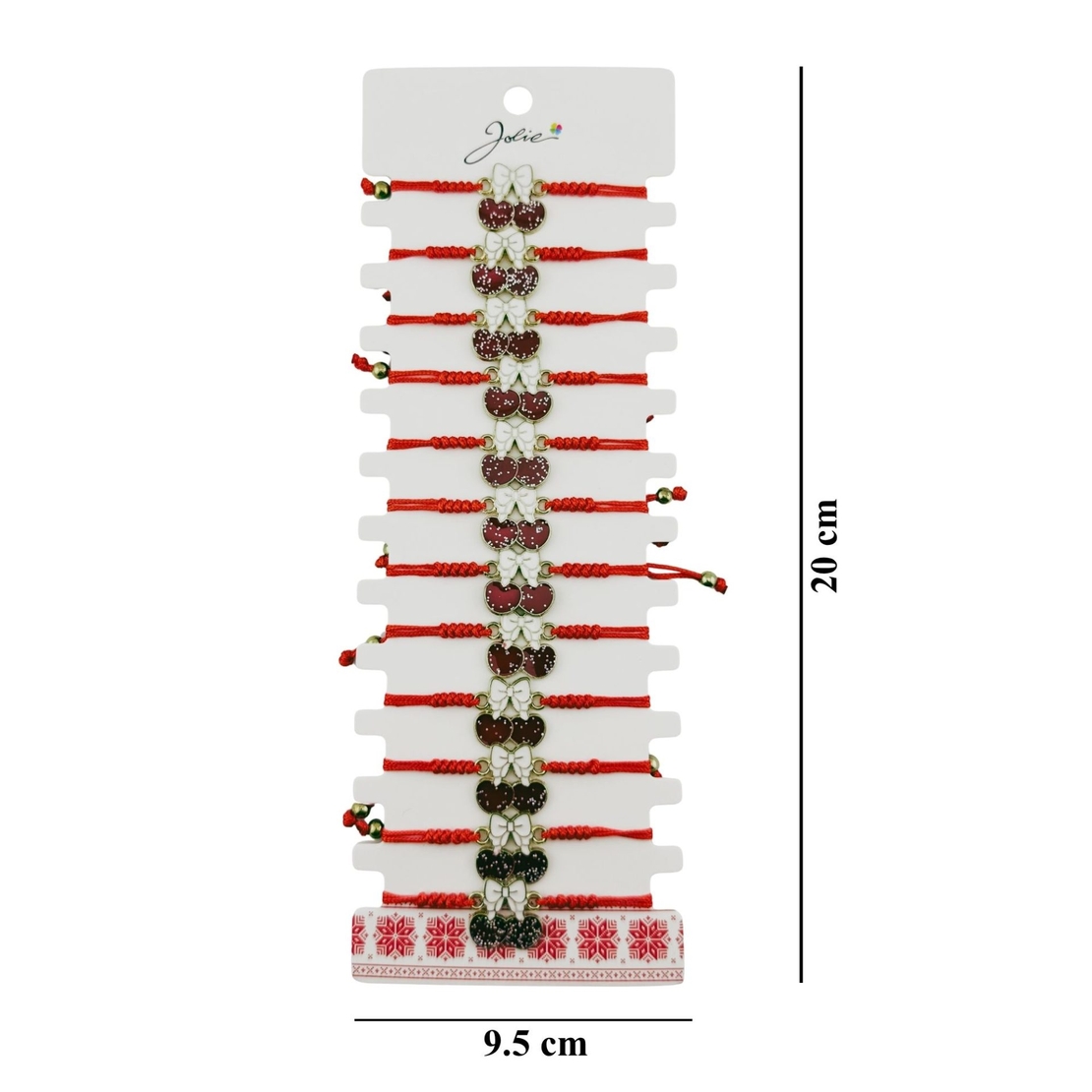 Martisor Bratara pentru Dama si Copii, Jolie, Model Cirese cu Fundita si Sclipici, Set 12 bucati, Pandantiv Emailat, Snur Reglabil, Rosu/Alb