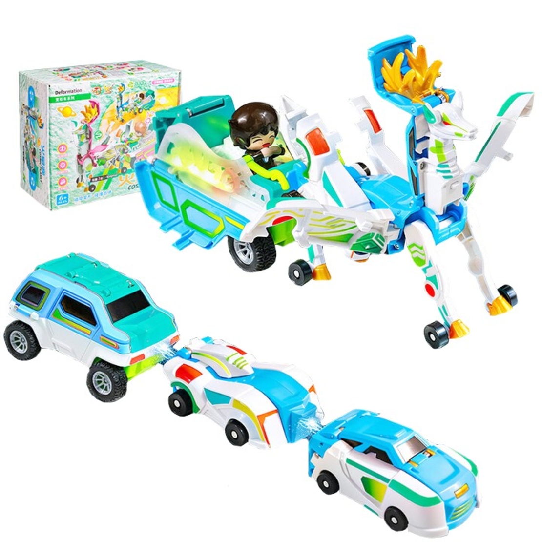 Jucarie Transformer Magnetica 3 in 1 Mars Deer Cosmic Planet, Flippy, 3 Masini Care se Transforma in Pegas Inaripat, Atractie Magnetica, 3+ Ani, din ABS, Albastru
