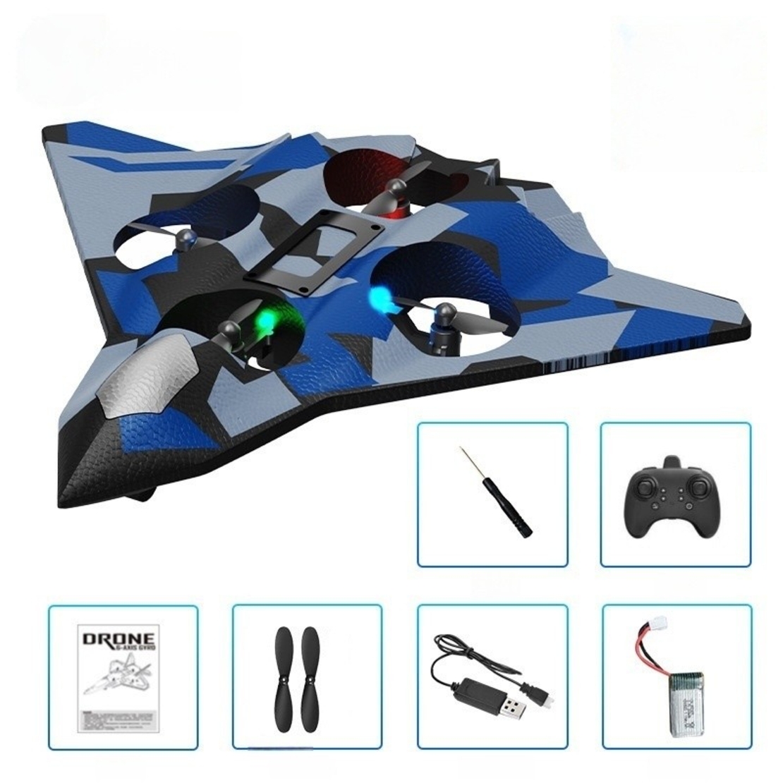 Avion de Lupta cu Telecomanda, Flippy, Tip Drona, din EVA (Spuma), cu Telecomanda, Incarcare USB, 2.4 GHz, Rotire 360°, Zbor pana la 100 m, LED, 24 x 25.5 x 4.2 cm, Model Army, Albastru