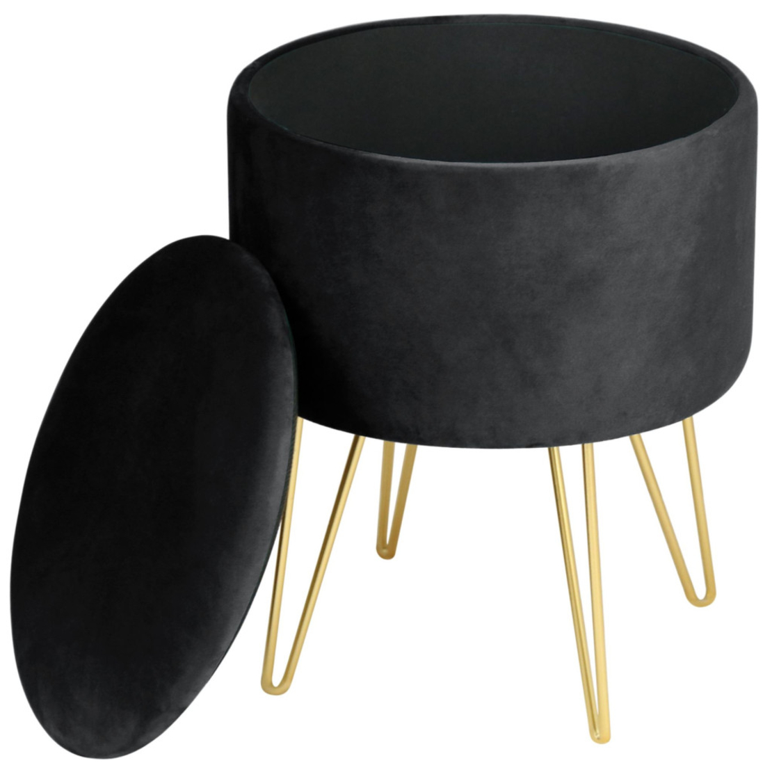 Taburet tapitat rotund Lili cu spatiu de depozitare, velur, 35x35x45 cm, negru