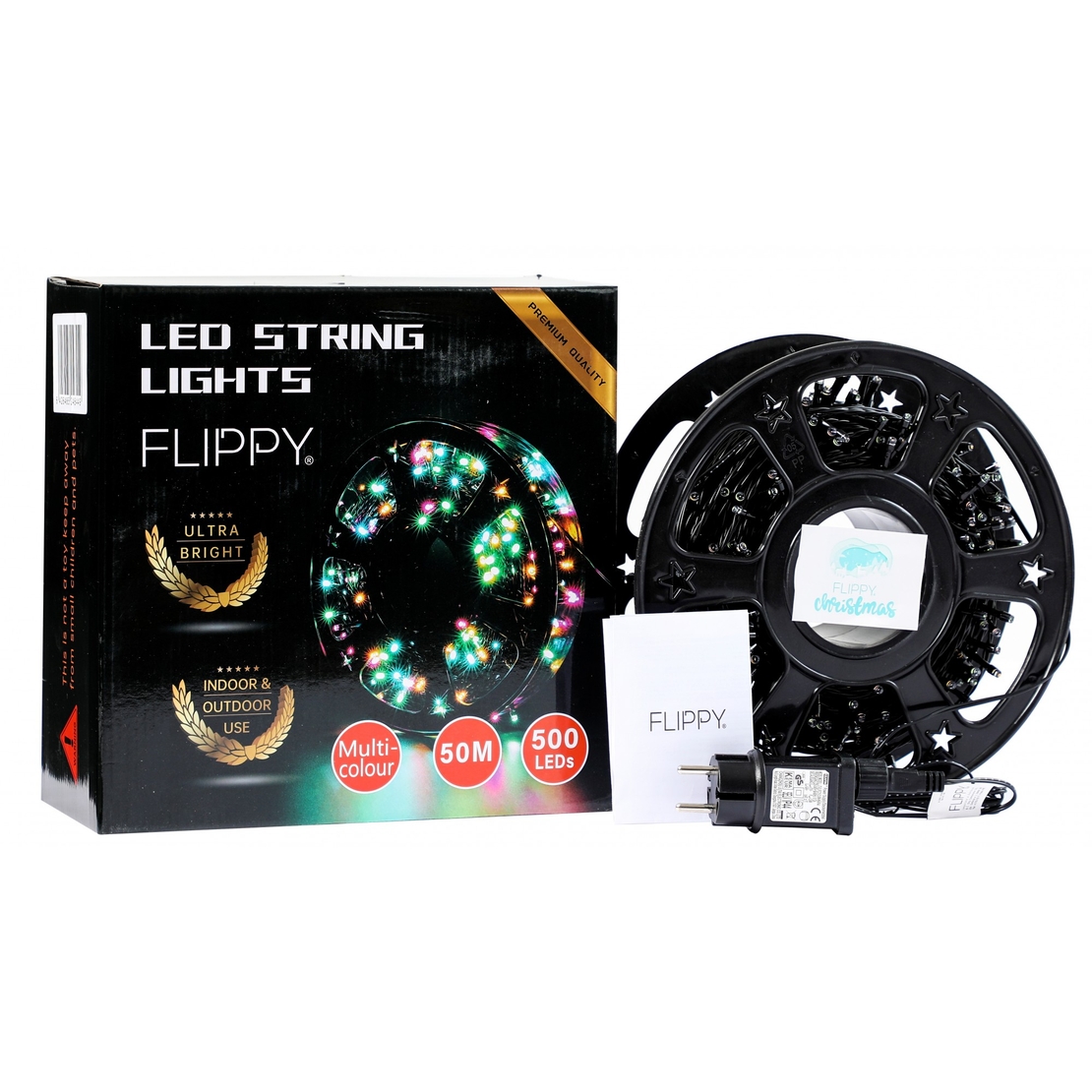Instalatie Craciun liniara, Vafy, Fir Negru cu Transformator, 50 m, Lumini Multicolore, 500 LED-uri V5, 8 jocuri de lumini