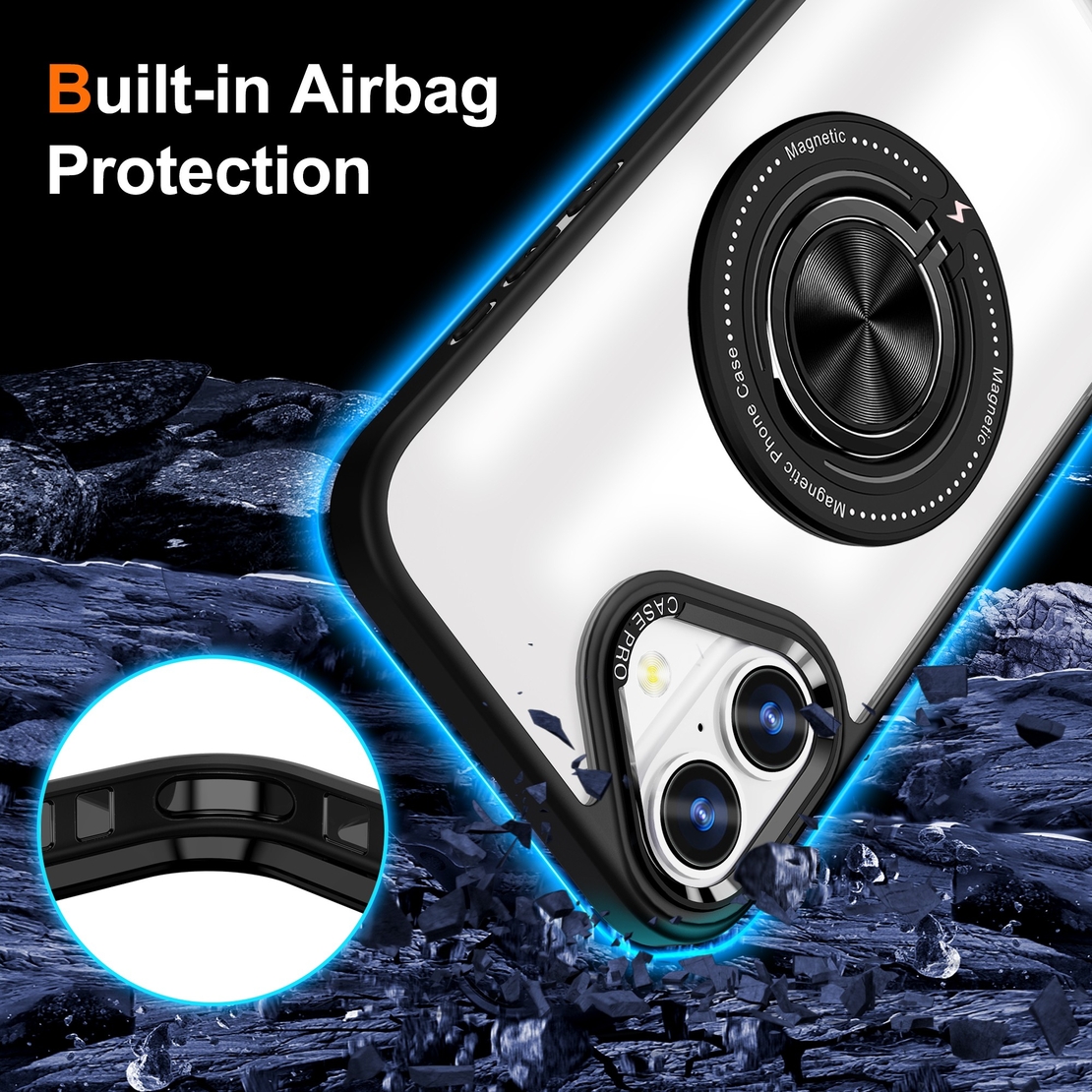 Husa de Protectie TPU, Vafy, pentru iPhone 16, Anticadere, cu Incarcare Wireless, Tehnologie Magsafe, Inel Magnetic Rotativ cu Functie de Suport, Transparent-Negru