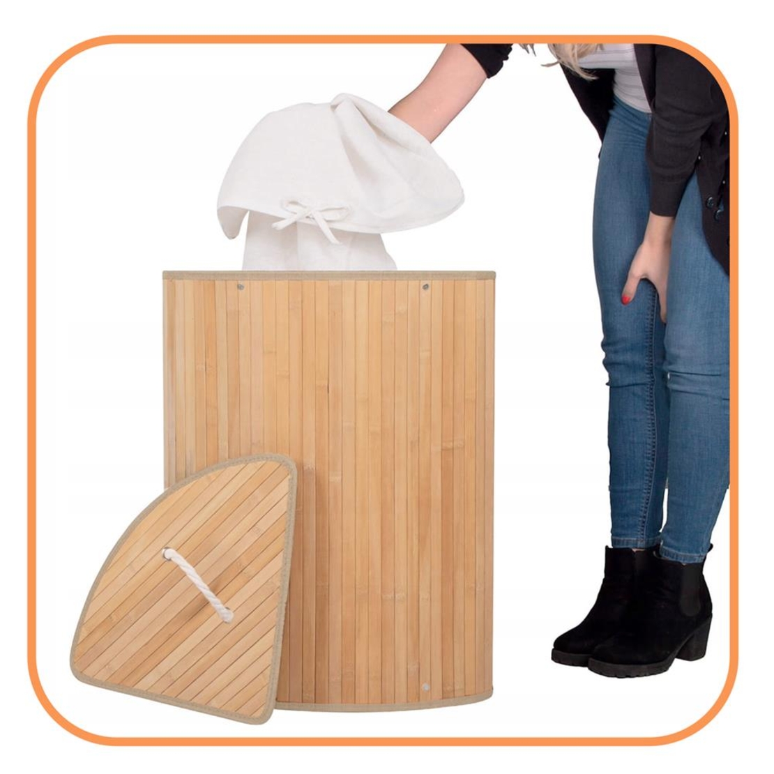 Cos de rufe triunghiular pentru colt cu capac, bambus si sac textil detasabil, 60 litri, 55x35x60 cm, maro natur