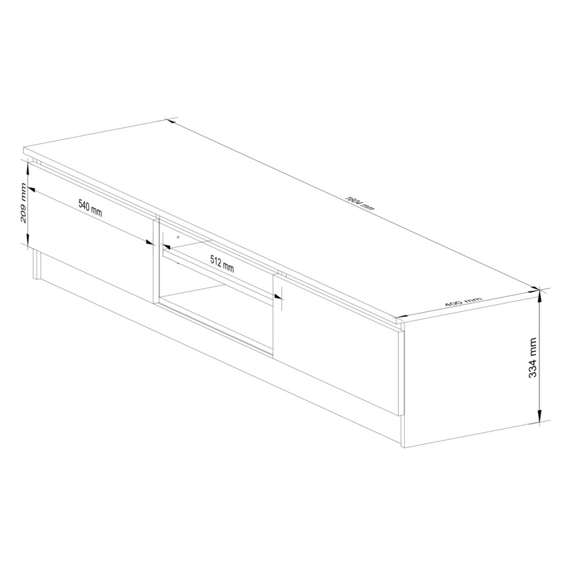 Comoda TV cu 2 usi si rafturi centrale, PAL laminat, 160x40x33 cm, alb si stejar sonoma