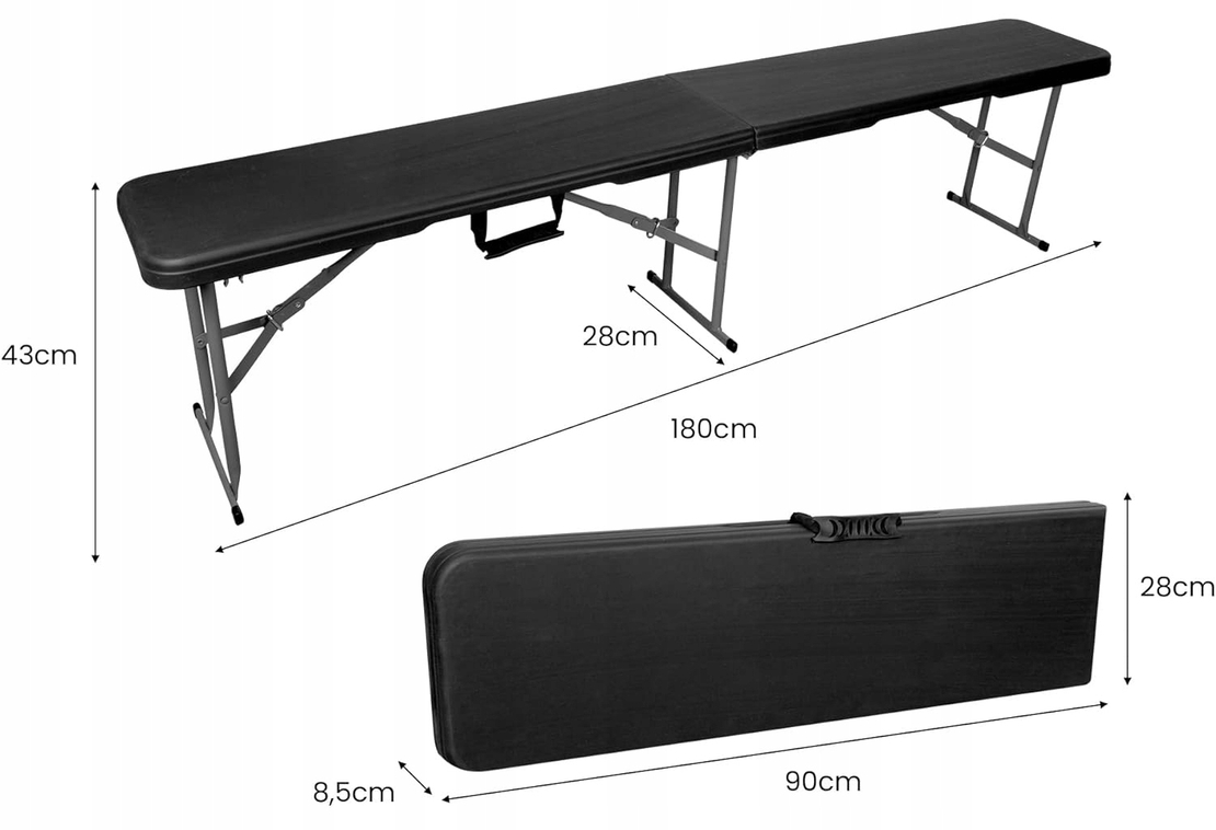 Set masa cu 2 banci pliabile tip valiza pentru gradina, camping sau evenimente, 180x70x74cm, negru