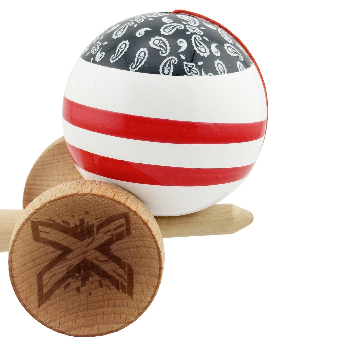Kendama X CHICANOS Originala, Profesionala, Flippy, Big Cups V2, Super Sticky cu Cupe Mari, Rulment Metalic, din lemn 18 cm, Ata 55 cm, Negru/Alb