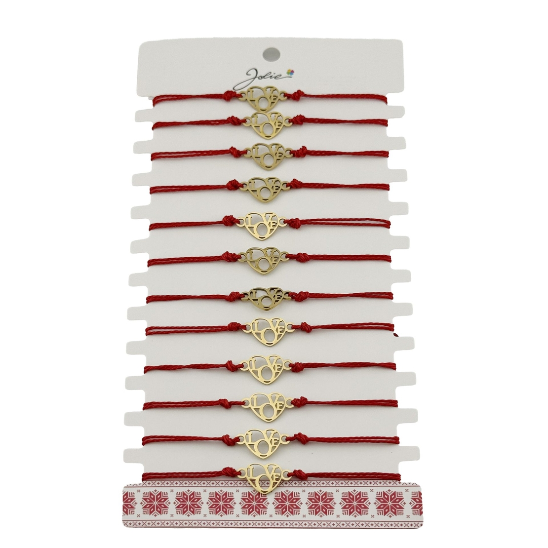 Bratara Martisor pentru Dama, Jolie, Model Love, Set 12 bucati, Pandativ din Inox Auriu, Snur Ajustabil Impletit, Rosu