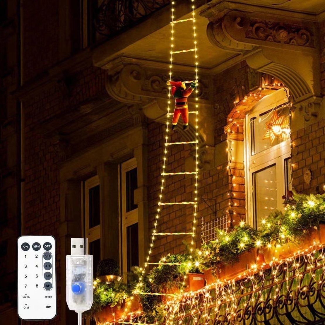 Instalatie LED de Craciun, Vafy, cu Accesorii, Lumina Calda, Lungime 1.7m, 8 Trepte, 144 de Luminite, 8 Moduri, Model Mos Craciun pe Scara, Multicolor