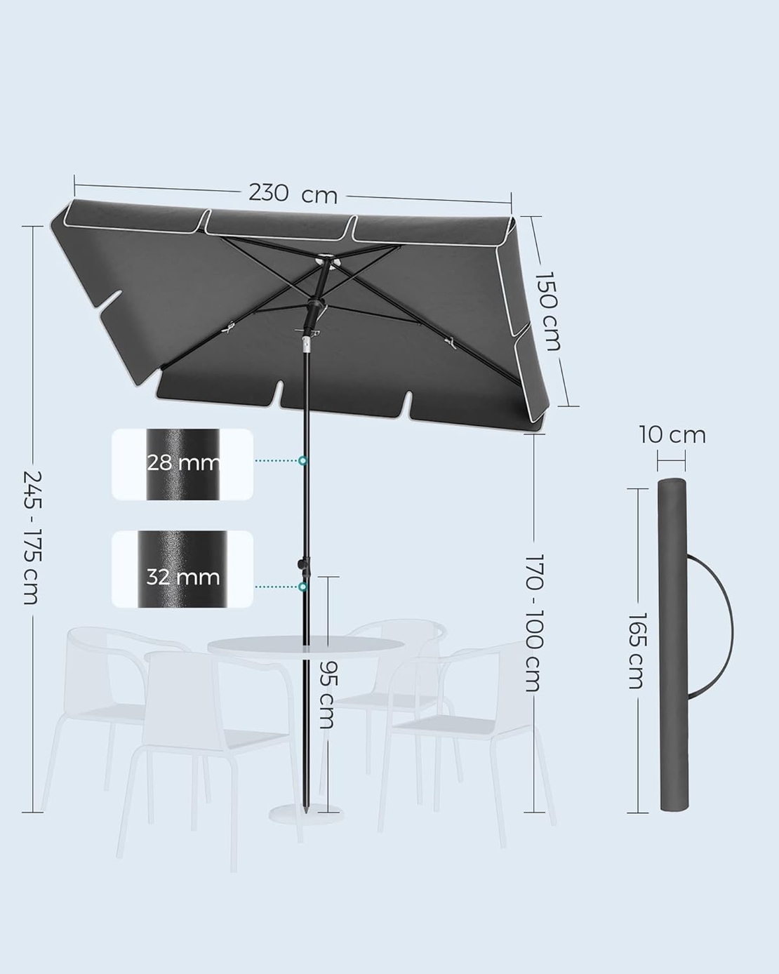 SONGMICS Umbrela terasa sau gradina reglabila, inclinare 2 directii, protectie UV UPF 50+, husa inclusa, 230x150 cm, gri