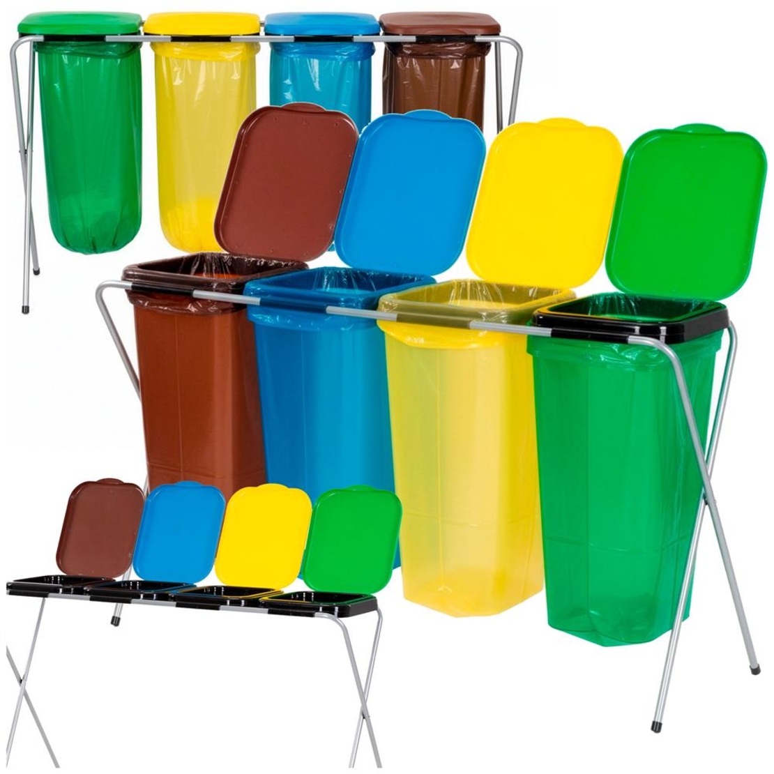 Cos de gunoi selectiv cu 4 compartimente, cadru metalic si capace PP, 128x42x74 cm