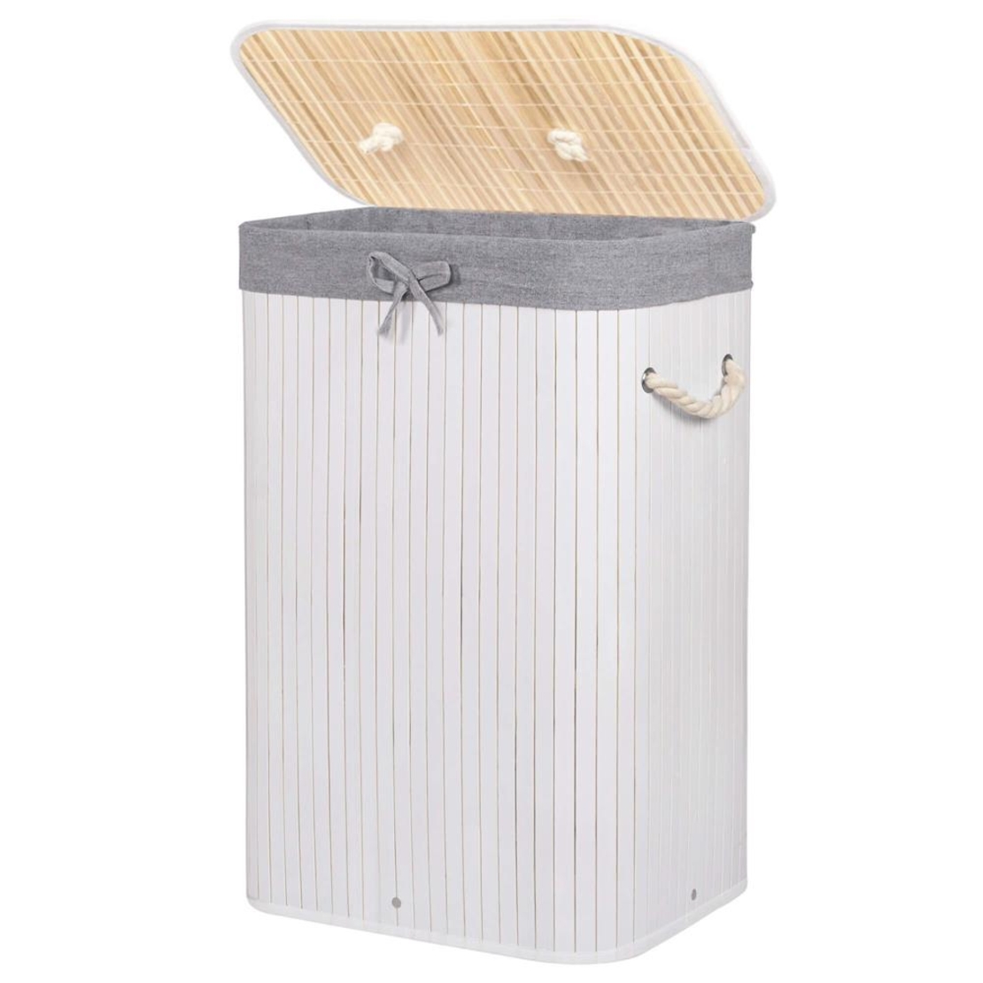 Cos de rufe cu capac, din bambus cu sac textil detasabil, 72 litri, 40x28x60 cm, alb si gri
