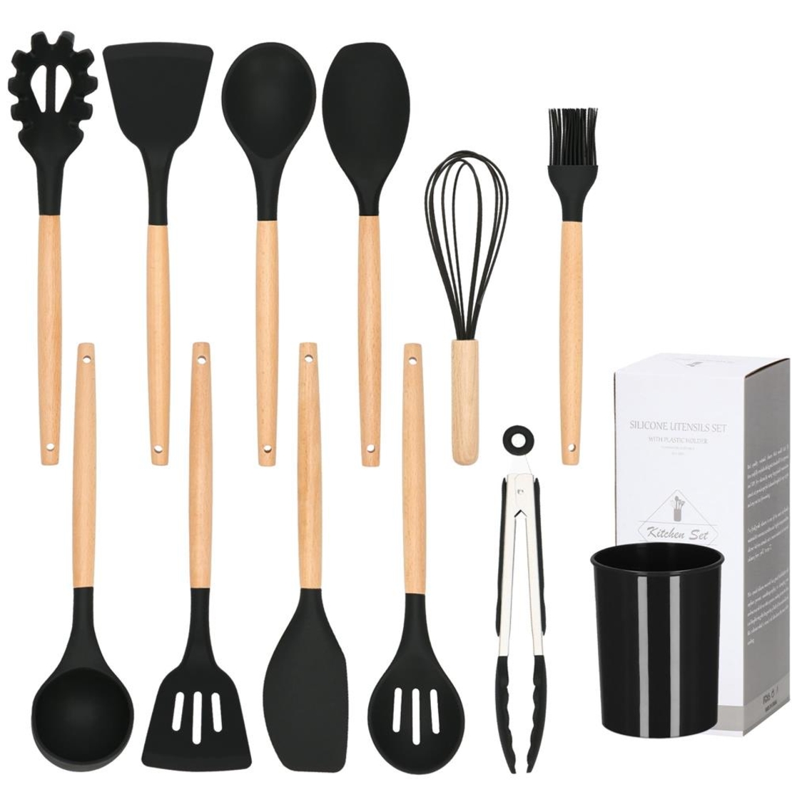 Set Sersimo 12 ustensile de bucatarie din silicon termorezistent si maner din bambus, negru