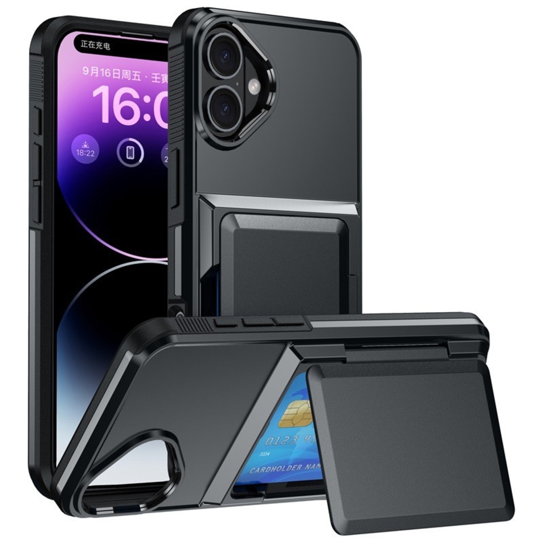 Husa de Protectie compatibila Apple iPhone 17, Vafy, Compartiment pentru Carduri, Anti-alunecare, Protectie PC, Rezistenta la Zgirieturi, Negru