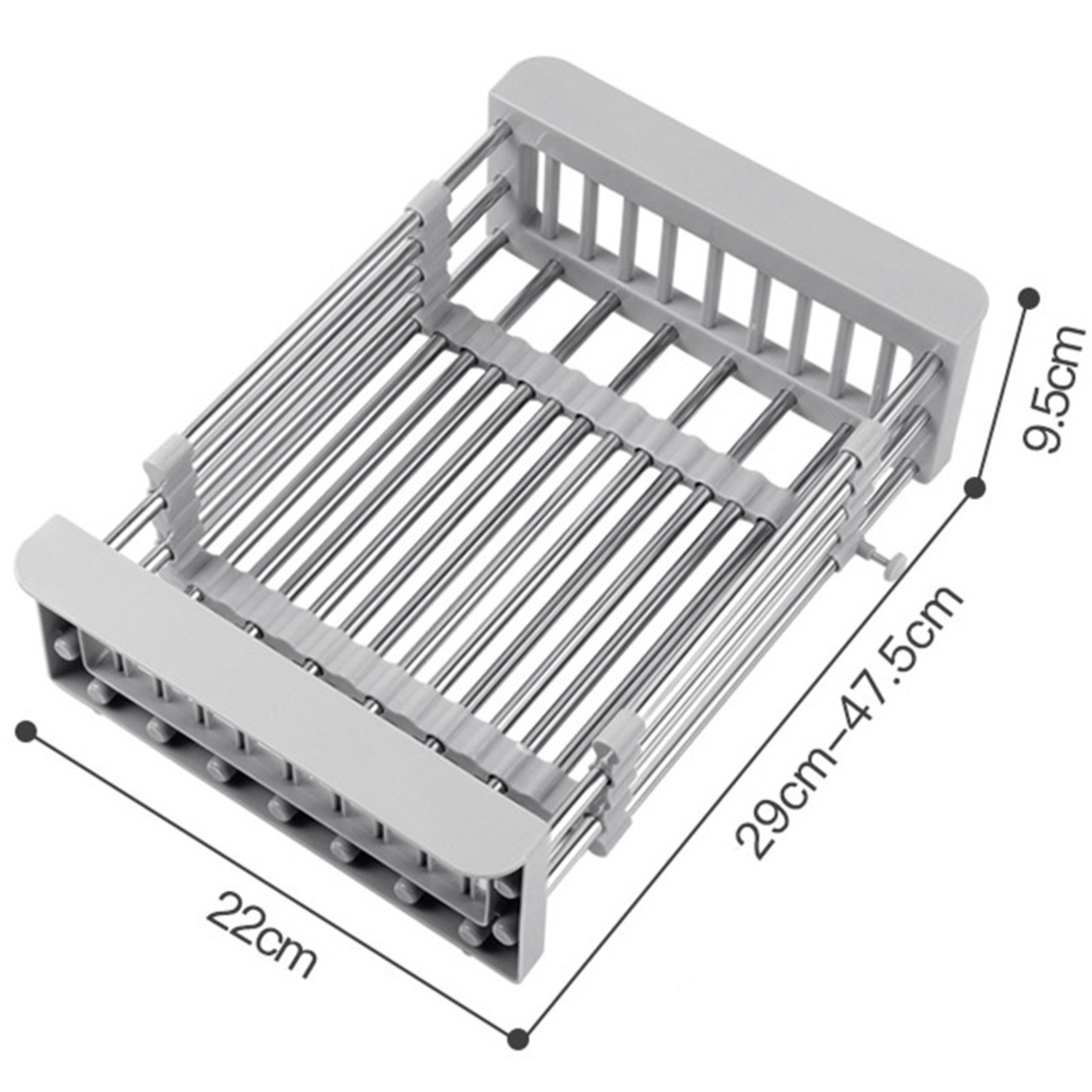 Suport Scurgere Extensibil pentru Bucatarie, Flippy, Uscator Vase din Otel Inoxidabil, Suport Tacamuri si Pahare, Suport pentru Fructe si Legume, 29 x 22 x 9.5 cm Gri