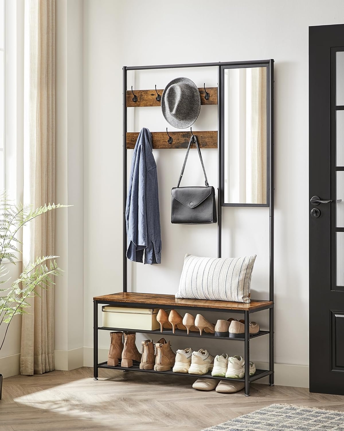 VASAGLE Cuier cu rafturi depozitare pantofi si ​​oglinda, industrial, 35x98x180 cm, maro rustic si negru