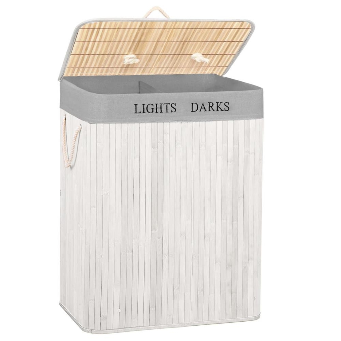 Cos pentru rufe din bambus, pliabil, cu 2 compartimente, volum 105 L, 63x52x33 cm, alb si gri