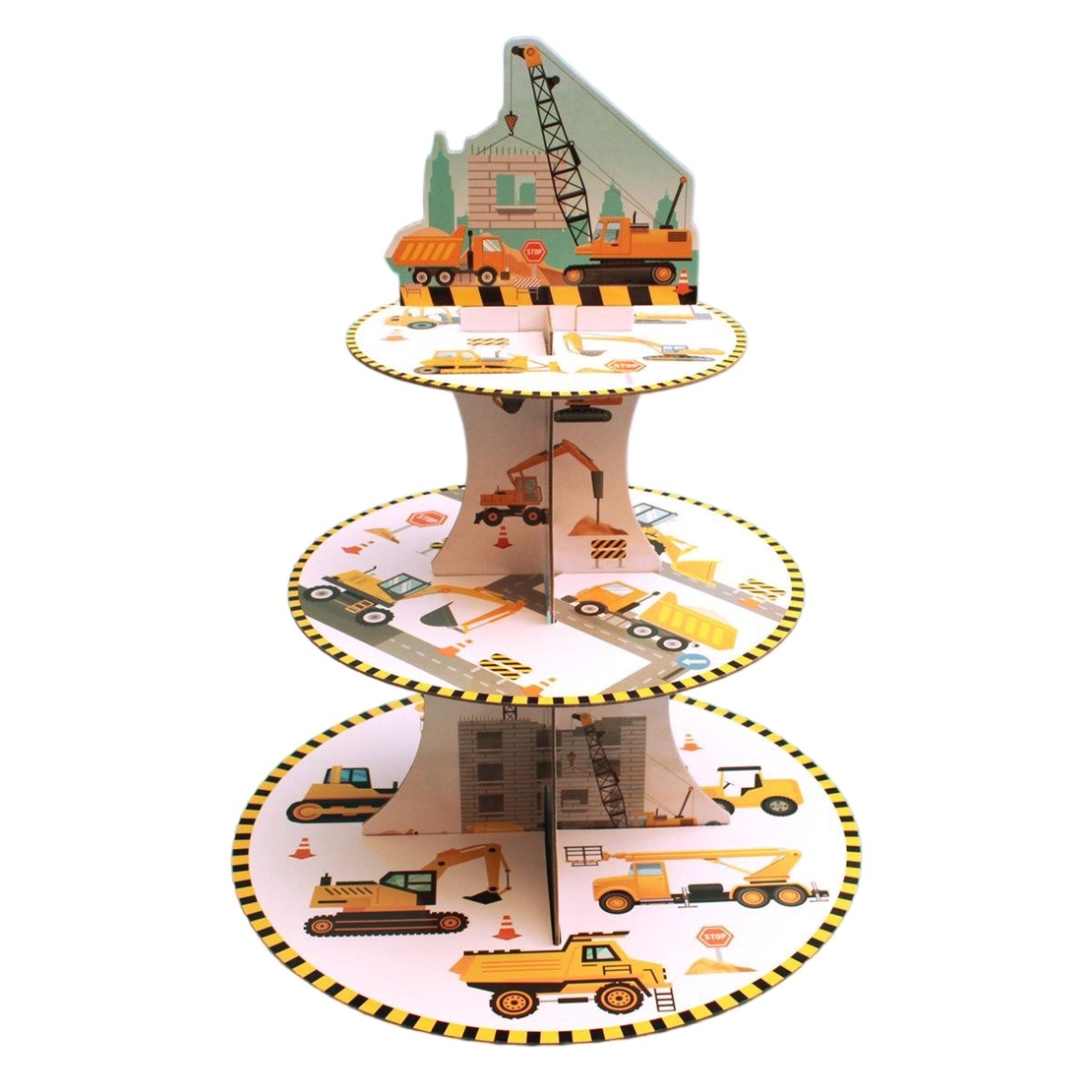 Etajera pentru Prajituri, Flippy, din Carton, 3 Nivele, 16/22/29 cm Diametru, Inaltime 38 cm, Tema Utilaje de Santier, Multicolor