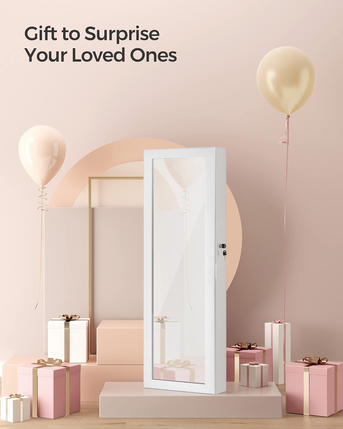 SONGMICS Dulap pentru bijuterii cu oglinda, montare pe perete sau usa, material MDF, inchidere cu cheie, 120x37x10 cm, alb