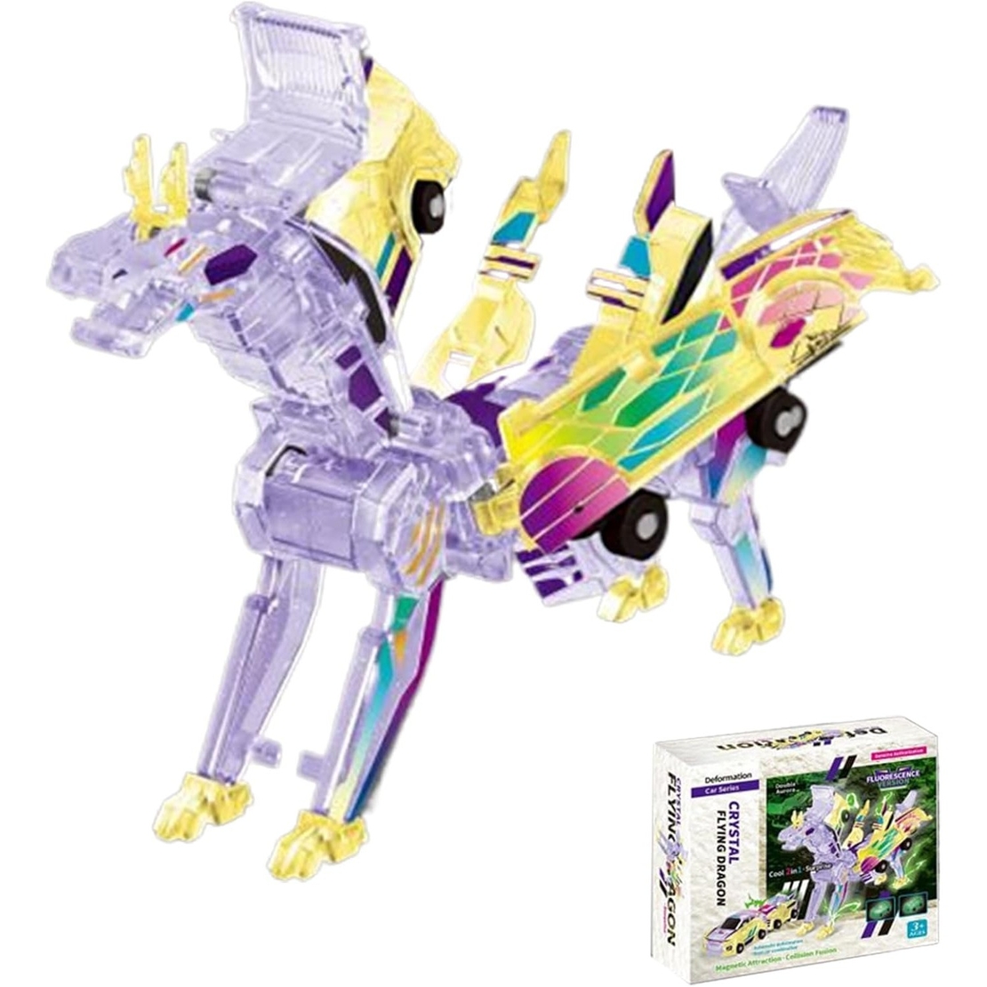 Jucarie Transformabila 2in1, Flippy, Crystal Wing Flying Dragon, Masina/Dragon, Atractie Magnetica, Fluorescent, +3 Ani, din ABS, Multicolor