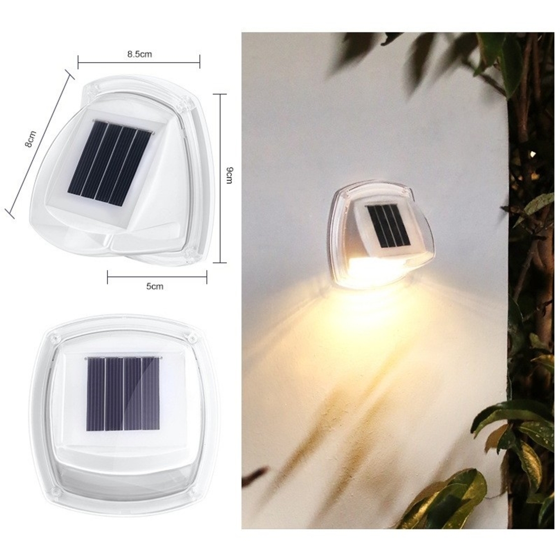 Lampa Solara LED pentru Gradina, Flippy, Set 2 Bucati, Tip Aplica pe Perete, 8.5 x 9 cm, 2V, ABS, 600mAh, Rezistent la apa, 8 LED-uri Alb Calda, Alb