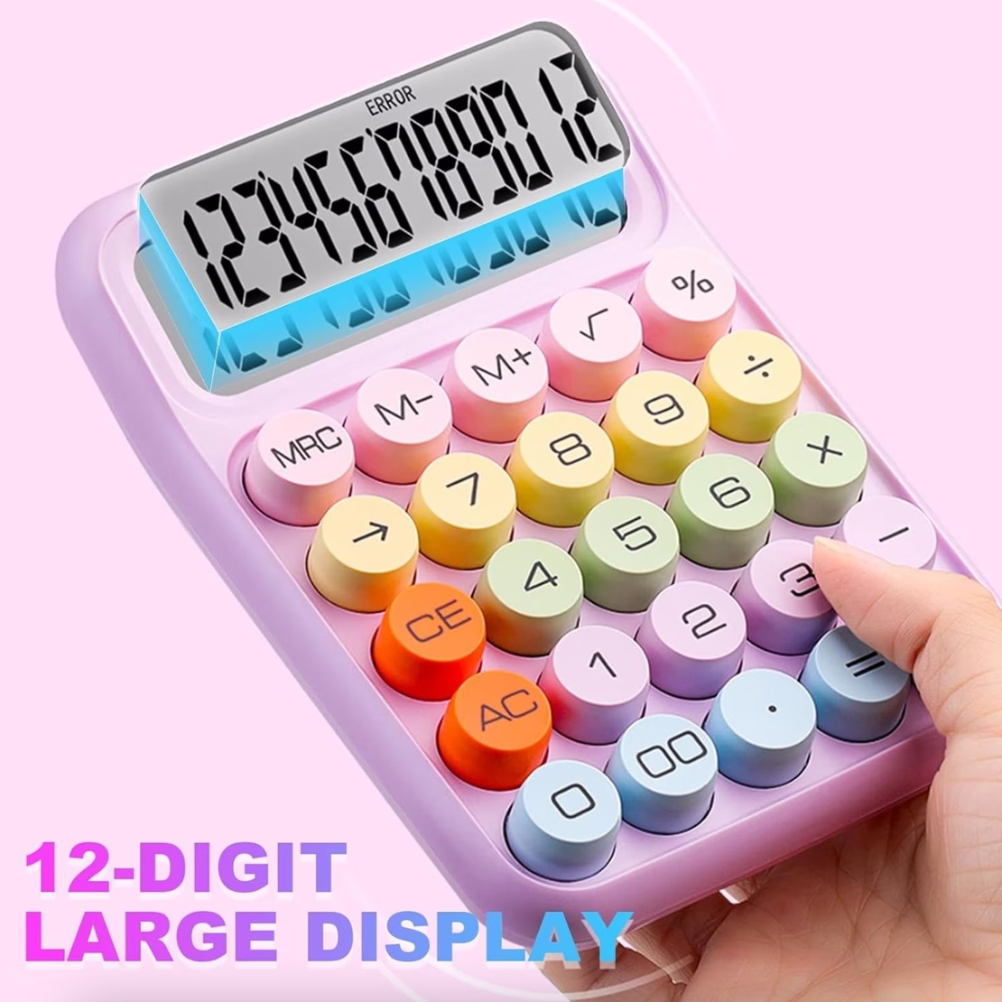 Calculator Electronic pentru Copii, Vafy, Calculator Dragut pentru Scoala Primara, Ecran mare 12 digits si Tastatura Mecania, 16 x 11 x 2 cm, Roz