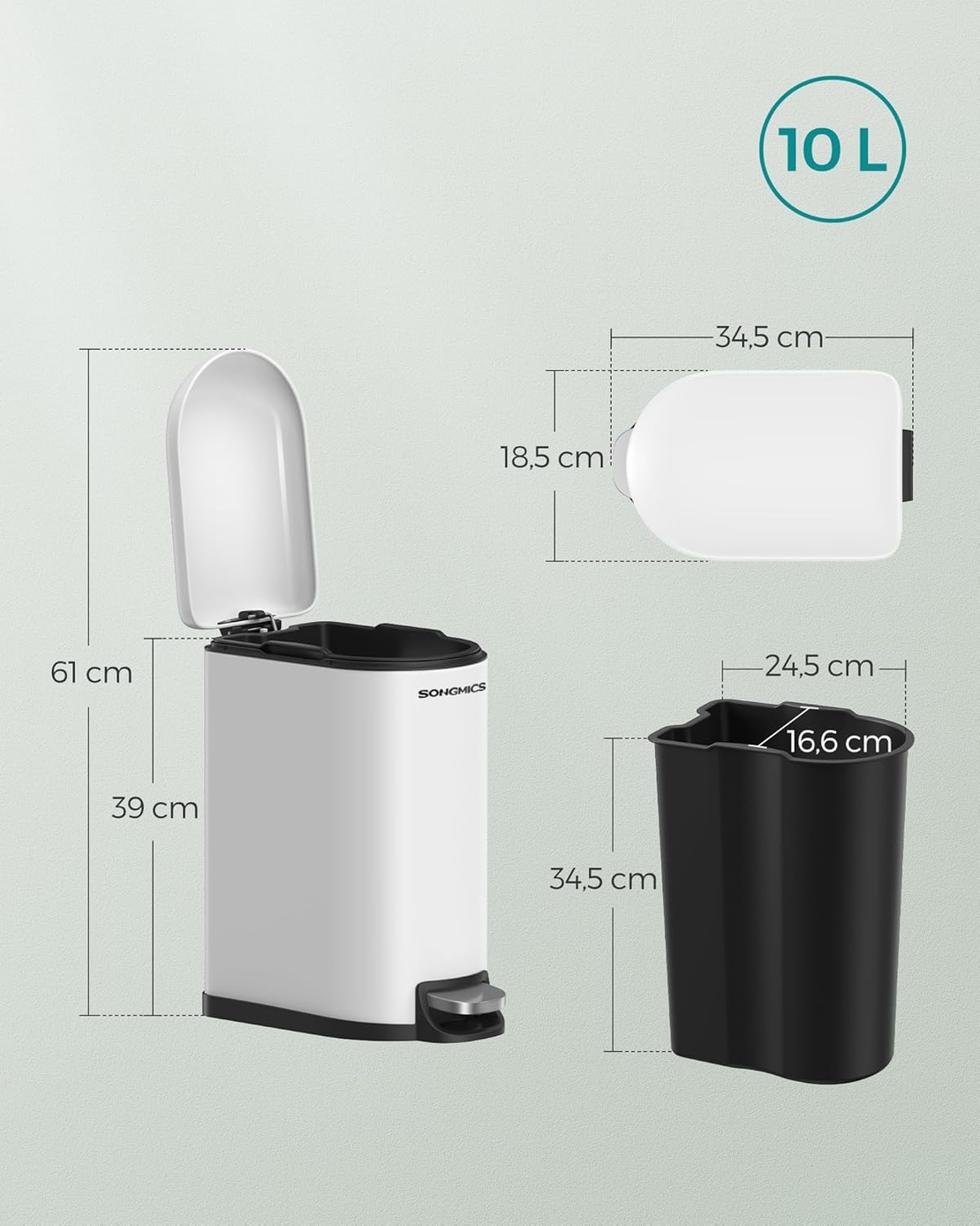SONGMICS Cos gunoi 10 litri cu pedala si capac soft close, galeata interioara detasabila, 35x19x39 cm, alb