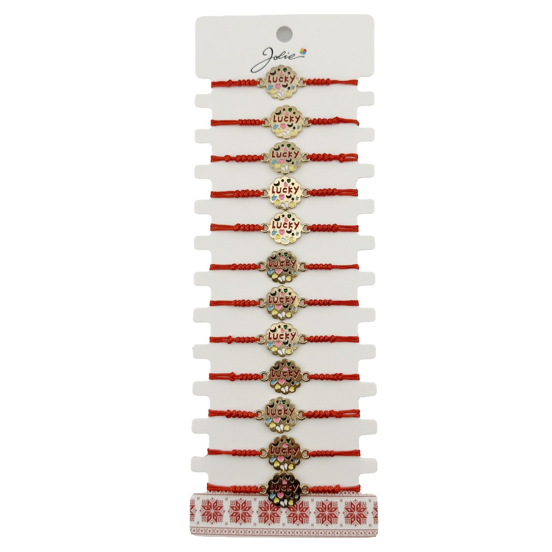 Bratara Martisor pentru Dama, Jolie, Model Lucky, Set 12 bucati, Pandativ din Inox Auriu, Snur Ajustabil Impletit, Rosu