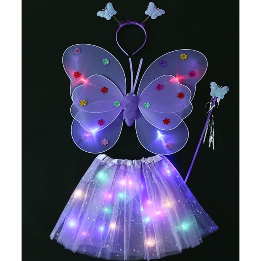 Costum Fluturas cu Aripi Modelabile Luminoase pentru Copii, Flippy, Fusta din Tul cu Lumini, Bagheta si Bentita, 4 piese, Pentru Halloween, Roleplay, Craciun, Carnaval, Paste, Ziua Copilului, Bumbac/Poliester, Marime universala, Mov