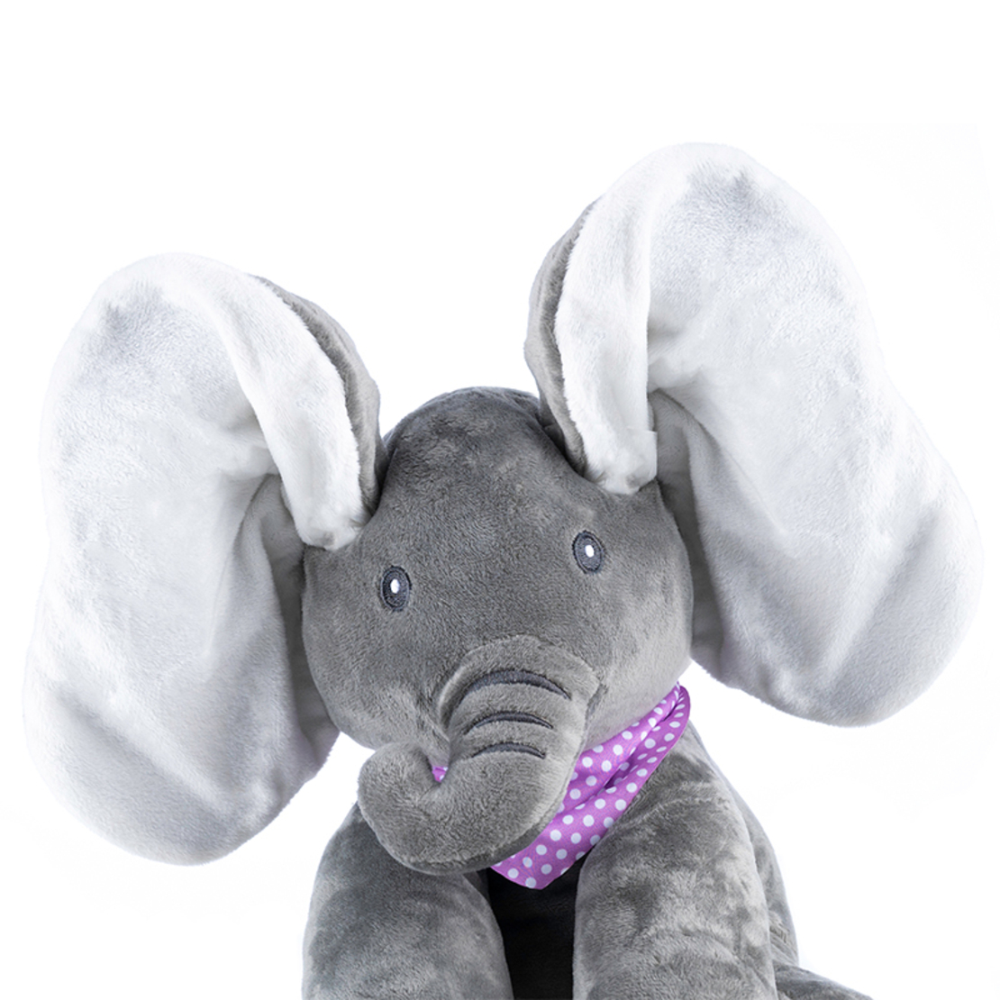 Jucarie plus interactiva elefant pentru copii, canta, misca urechile, joc cucu-bau, 30x30x25 cm, gri