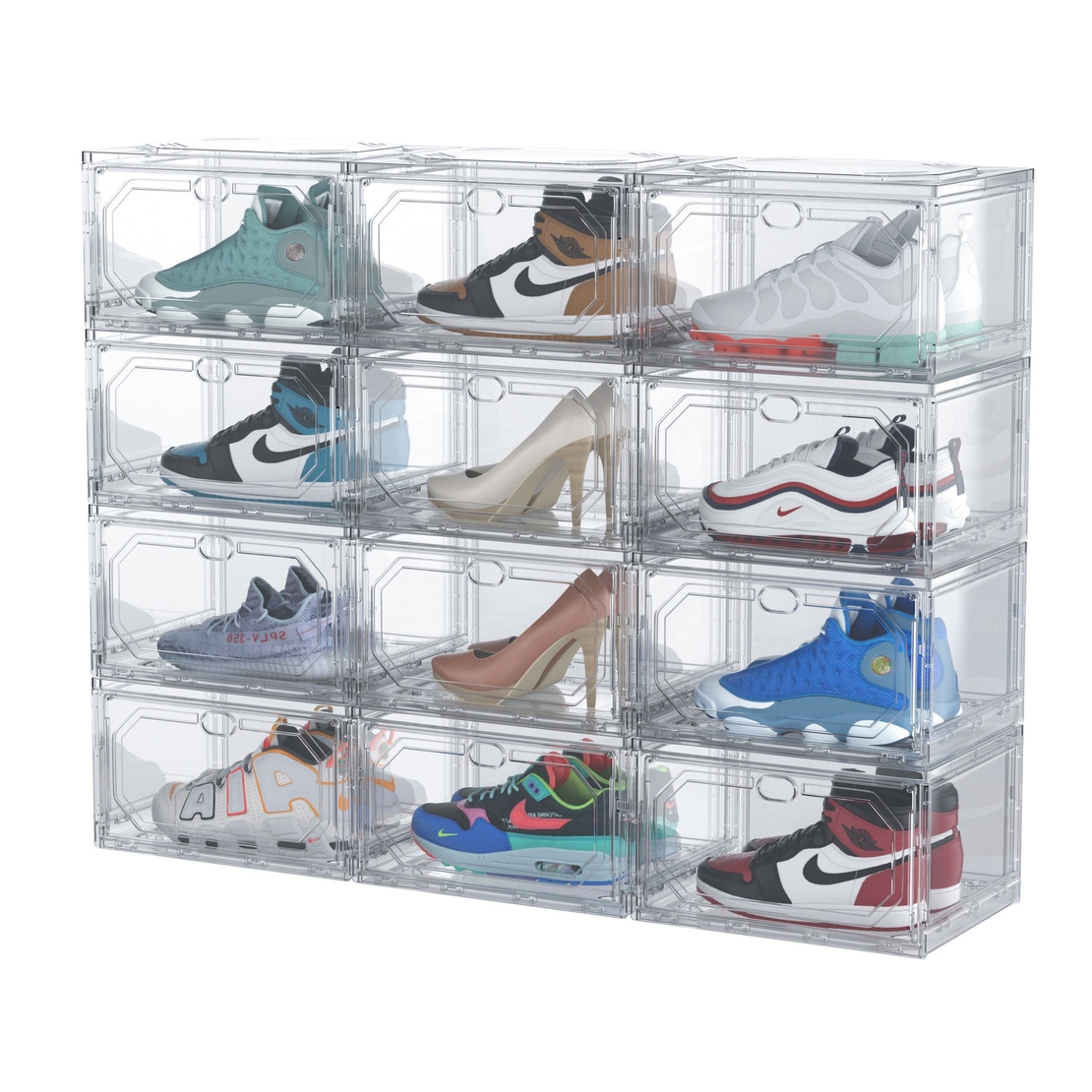 Organizator de Pantofi, Flippy, din PP+ABS, Usa Laterala Magnetica, Rezistenta la Praf, Anti-Oxidare, Utilizare Multipla, 36 x 28 x 21 cm, Transparent