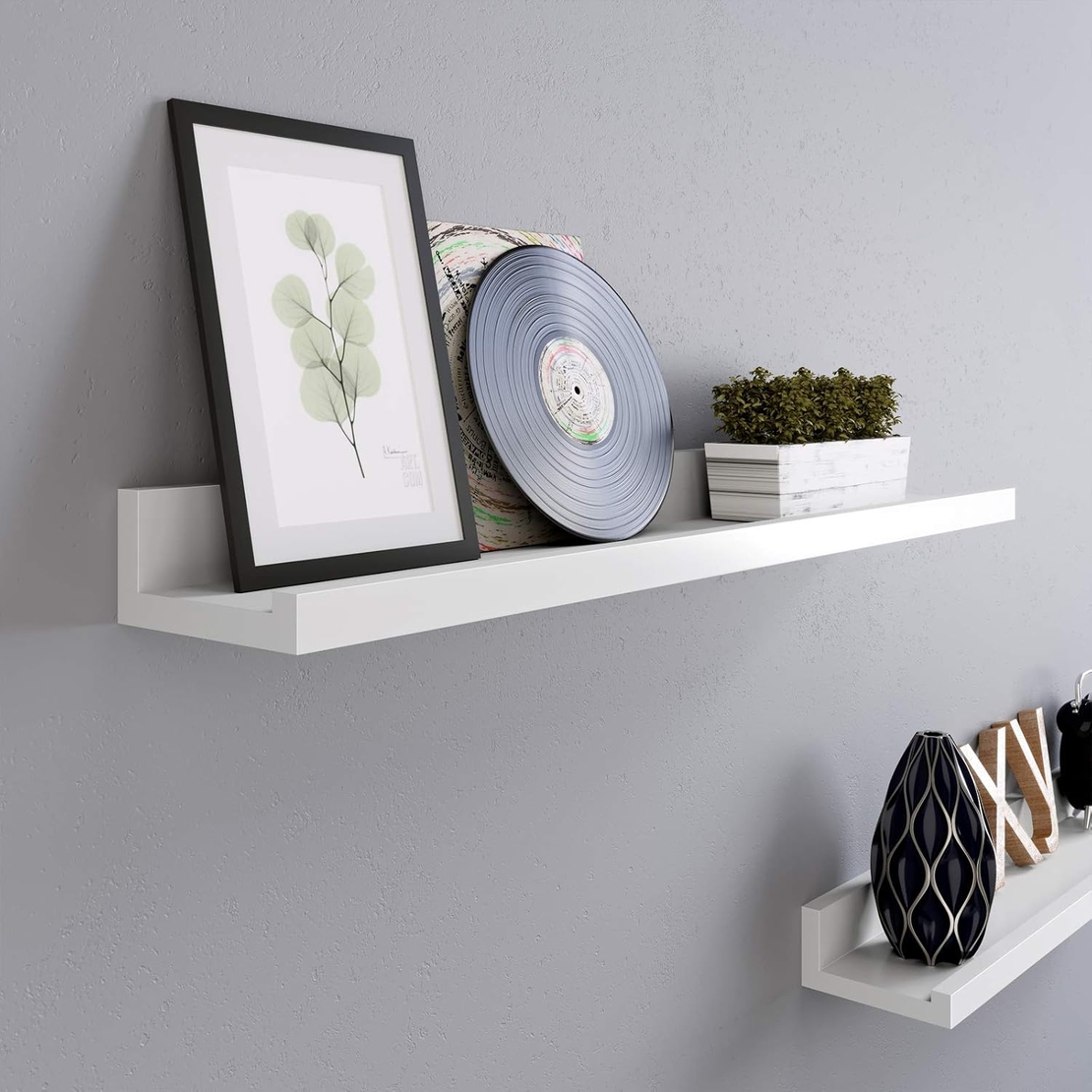 SONGMICS Set 2 rafturi plutitoare suspendate perete cu finisaj lucios, MDF, 60x10x5 cm, alb
