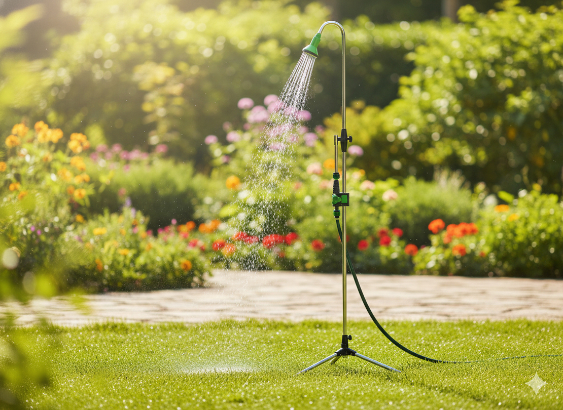 Dus de gradina pe trepied cu conectare la furtun, reglabil pe inaltime, utilizare exterior, 210 cm