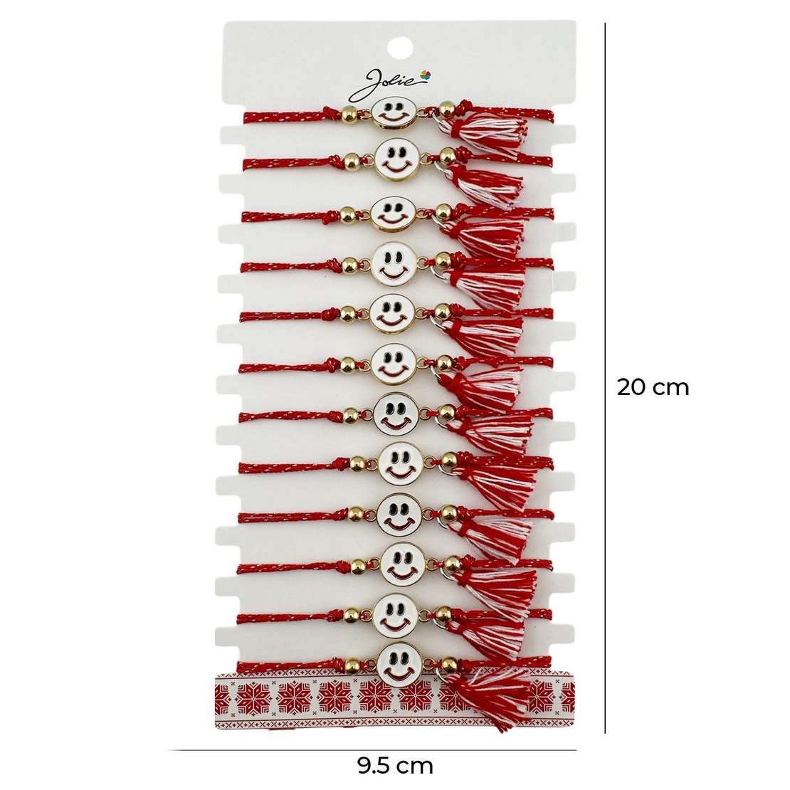 Martisor Bratara cu Ciucure pentru Dama, Jolie, Model Fata Zambitoare, Set 12 bucati, Pandativ din Inox, Snur Reglabil, Rosu/Alb