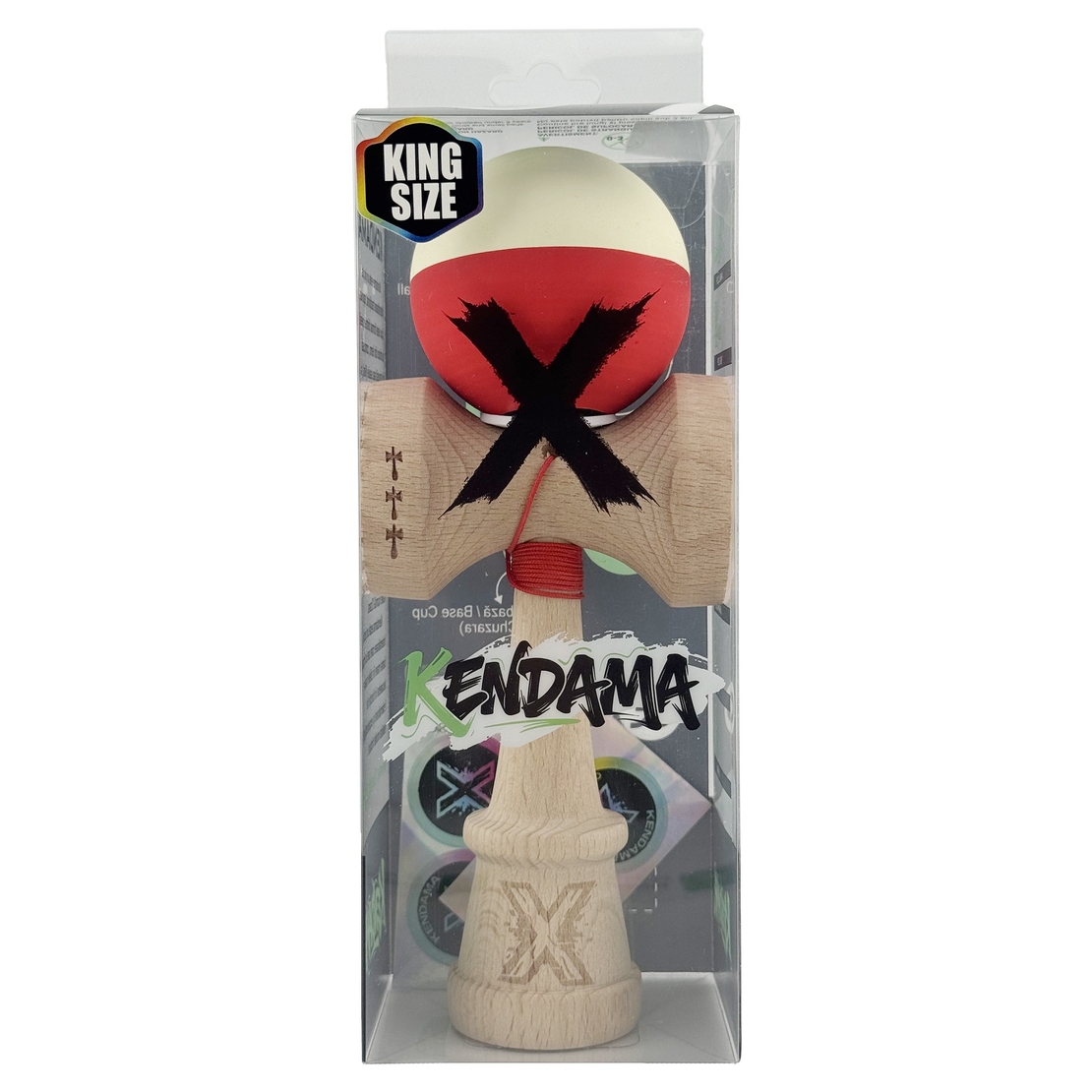 Kendama X Originala, Profesionala, Flippy, Rubber Grip, Cupe Mari KING SIZE V3, Gaura in Baza, Rulment Metalic, din lemn 18 cm, Ata 62/65 cm, Bicolor Galben/Rosu