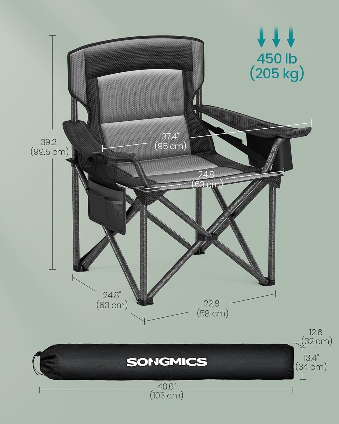 SONGMICS Scaun pliabil camping premium cu spatar inalt si sezut buretat, suport bauturi si buzunar termo, 200 kg, 63x95x100 cm, negru