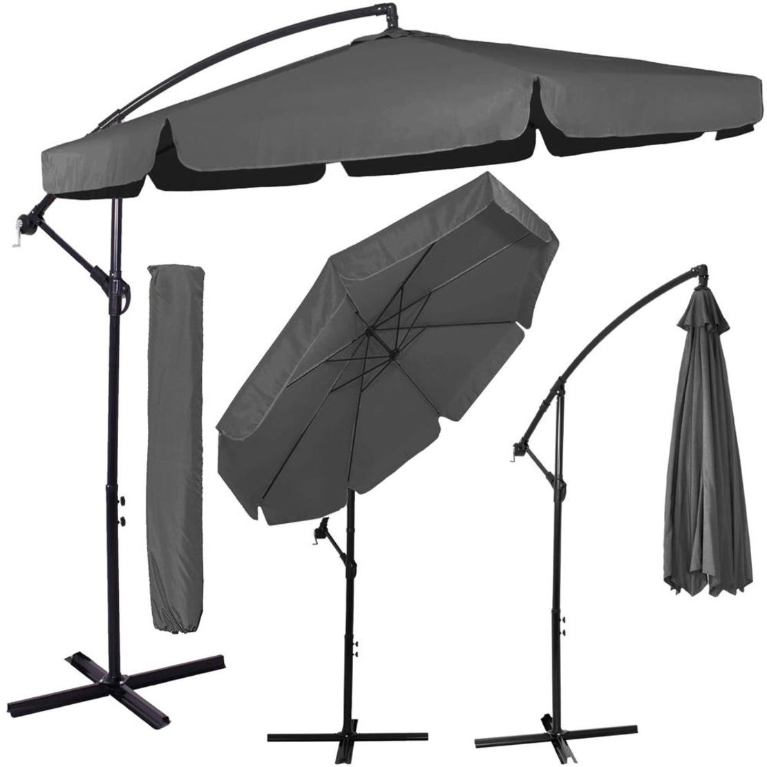 Umbrela de gradina cu brat lateral banana, cu husa, 300cm, gri