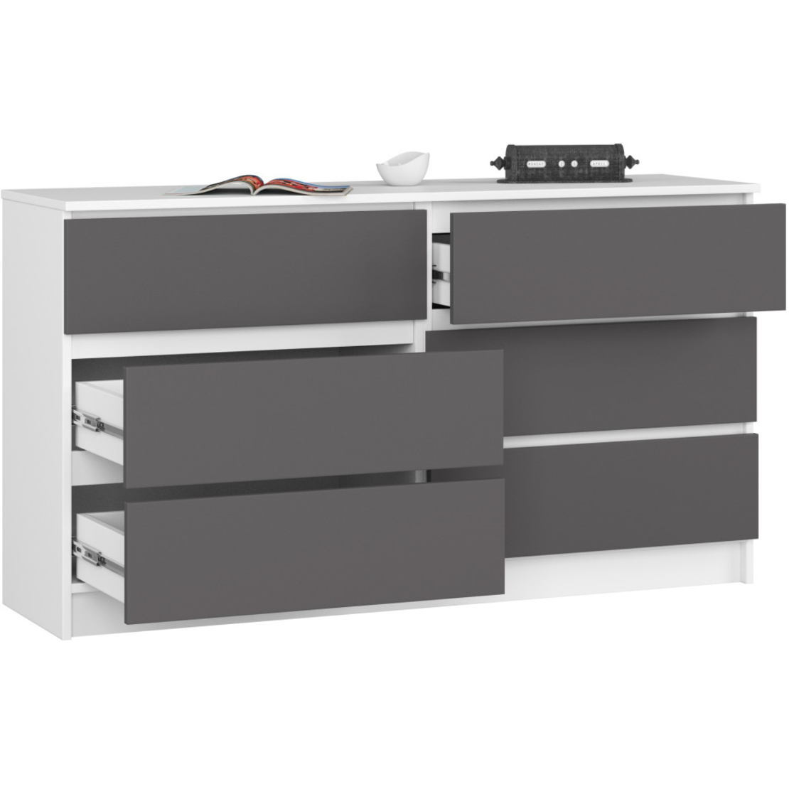 Comoda cu 6 sertare, PAL laminat, 138x40x77 cm, alb si gri grafit