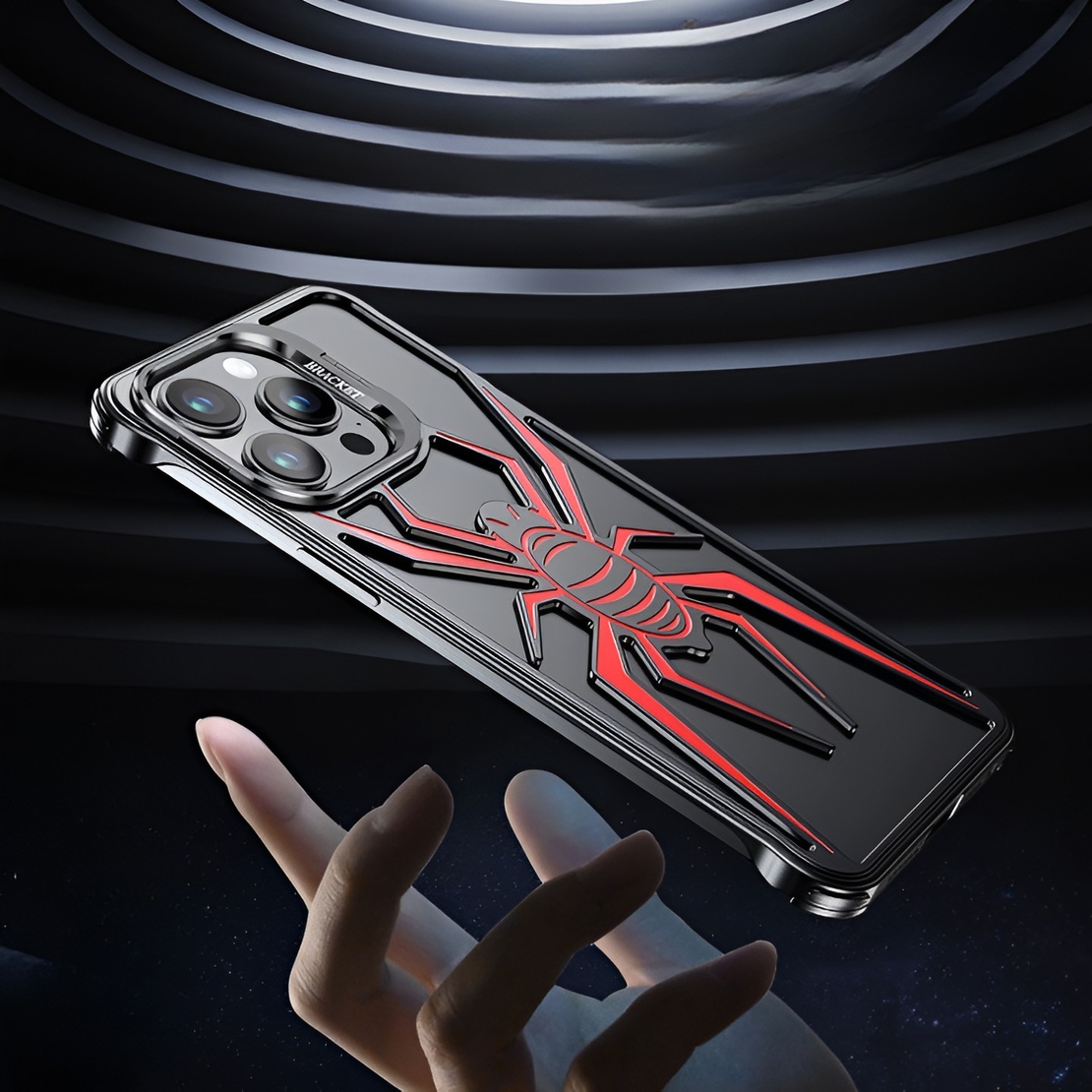 Husa de Protectie Compatibila iPhone 15 Pro, cu Suport Metalic pentru Camera, Armor Protective Series, Vafy, Antisoc, Protectie de Metal pe Margini, Model Paianjen, Negru Rosu