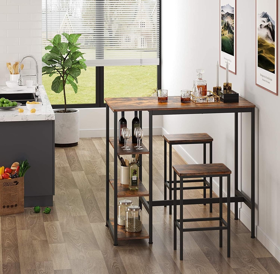 VASAGLE Masa de bar dreptunghiulara cu cadru metalic, 3 rafturi, design industrial, 109x60x100cm, maro vintage si negru