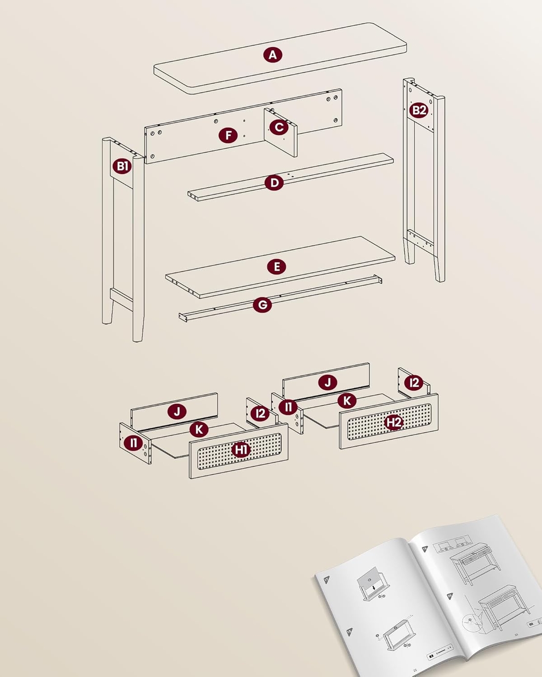 VASAGLE Consola hol 100x30x80 cm, 2 sertare, raft deschis, colturi rotunjite, stil boho, MDF si ratan PVC, bej stejar