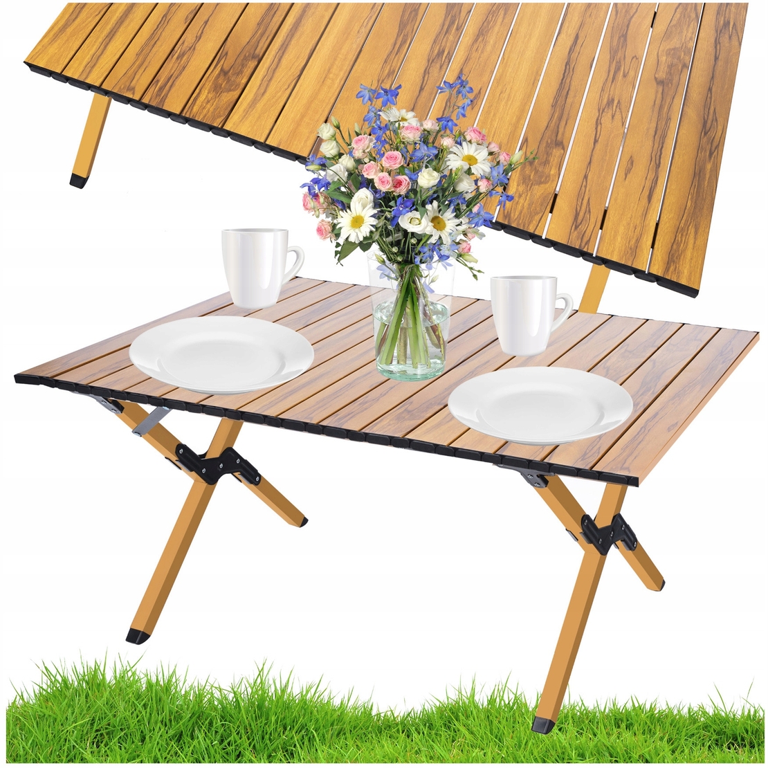 Masa pentru camping cu sistem de pliere rapida, cadru metalic, 90x60x44cm, maro