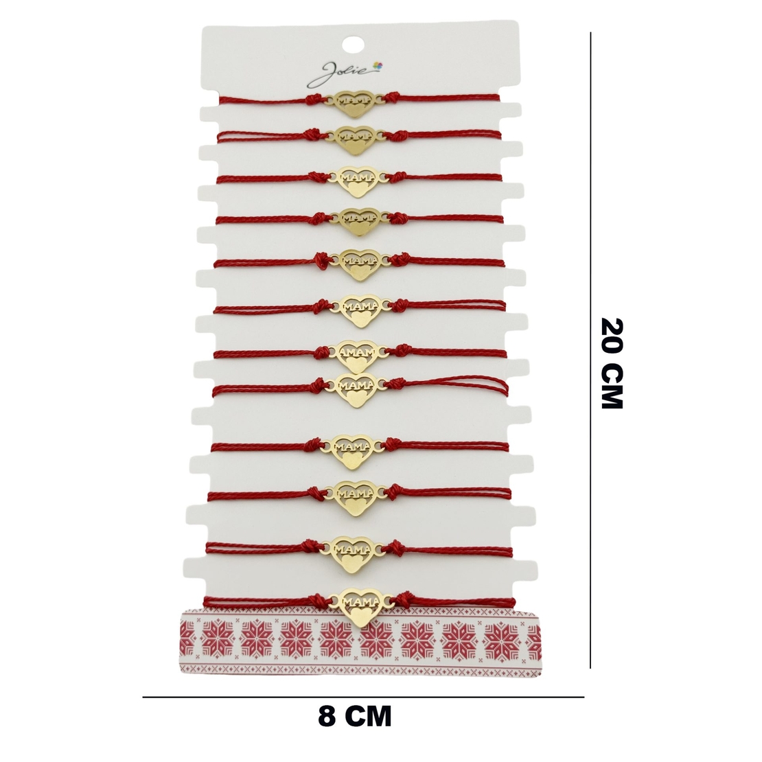 Bratara Martisor pentru Dama, Jolie, Model Inima Mama, Set 12 bucati, Pandativ din Inox Auriu, Snur Ajustabil Impletit, Rosu