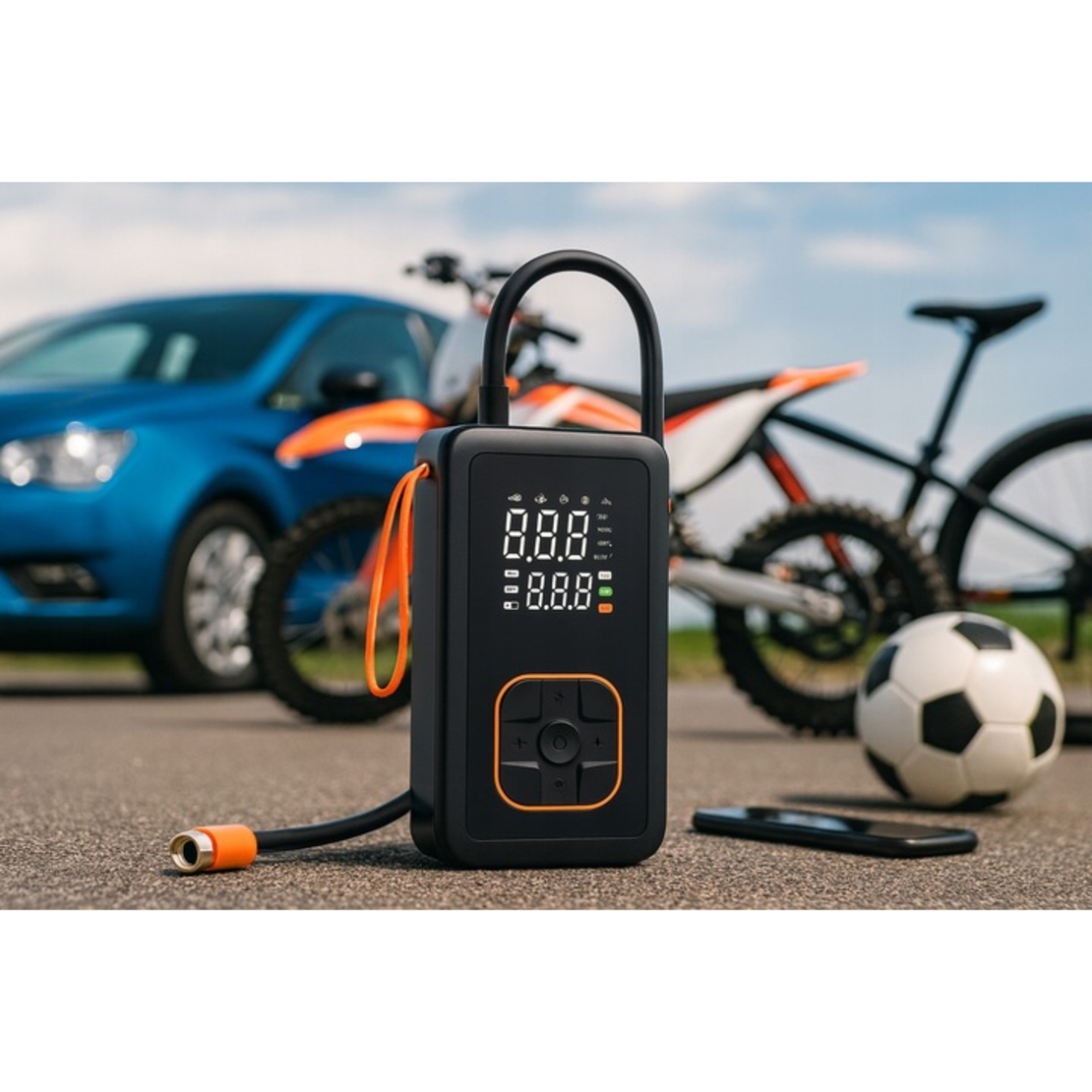 Compresor anvelope portabil auto 12V, acumulator 3600 mAh, cu manometru, display LED si functie powerbank, reincarcare USB