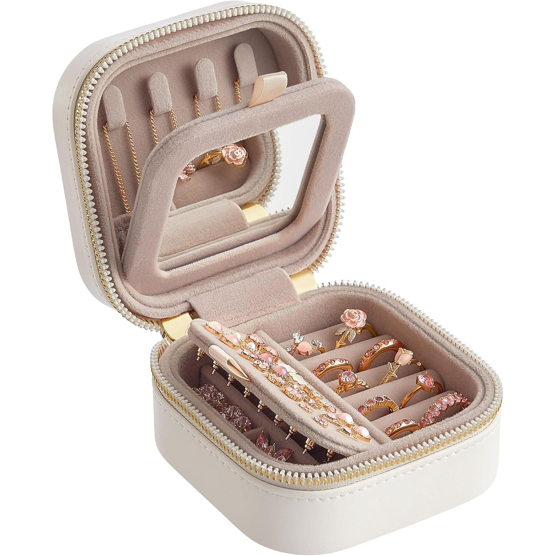 SONGMICS Cutie de bijuterii compacta cu oglinda si fermoar, 11x11x6 cm, alb