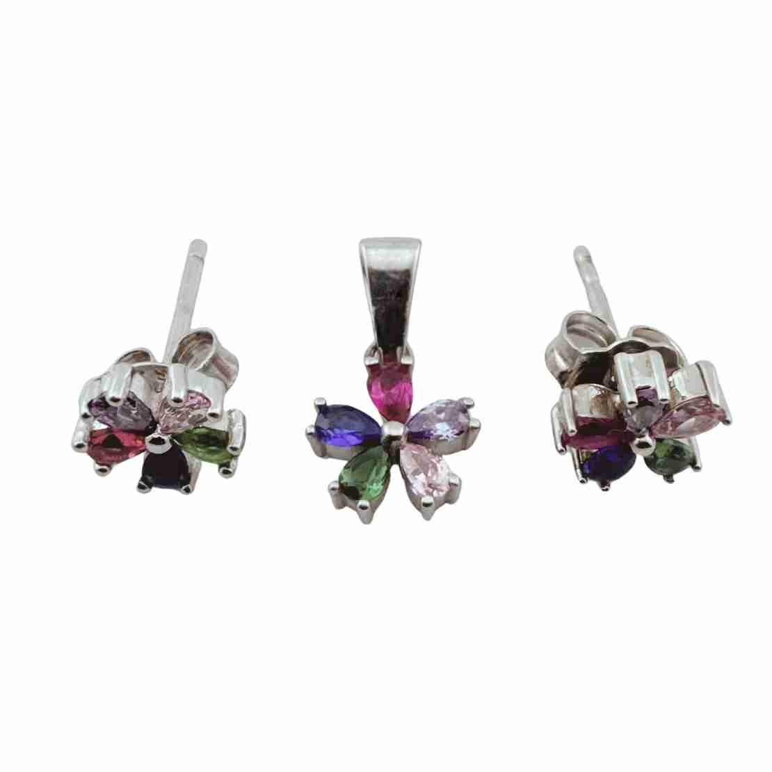 Set Cercei si Pandantiv, Jolie Silver, Argint 925, pentru Dama, Pietre Zirconia Multicolor, model Floare 5 Petale colorate, 2.07 g, Argintiu