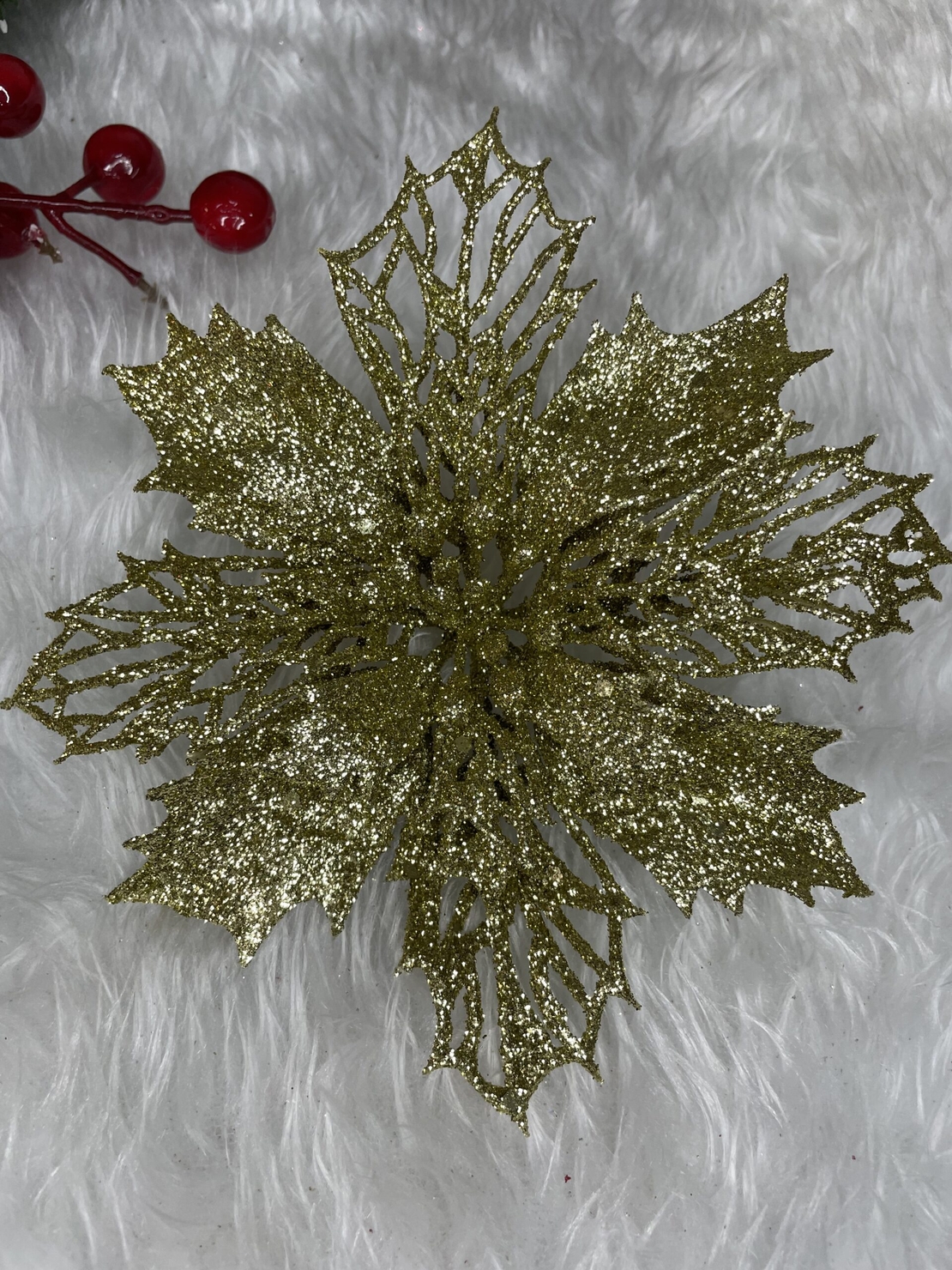 Set 10 ornamente pentru bradul de Craciun, stea Poinsettia, 16cm, galben auriu