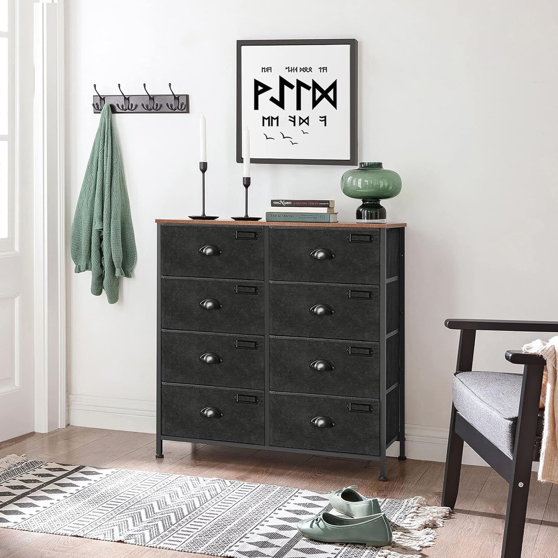 SONGMICS Comoda cu cadru metalic si 8 sertare din textil, stil industrial, 80x30x82cm, maro rustic si negru