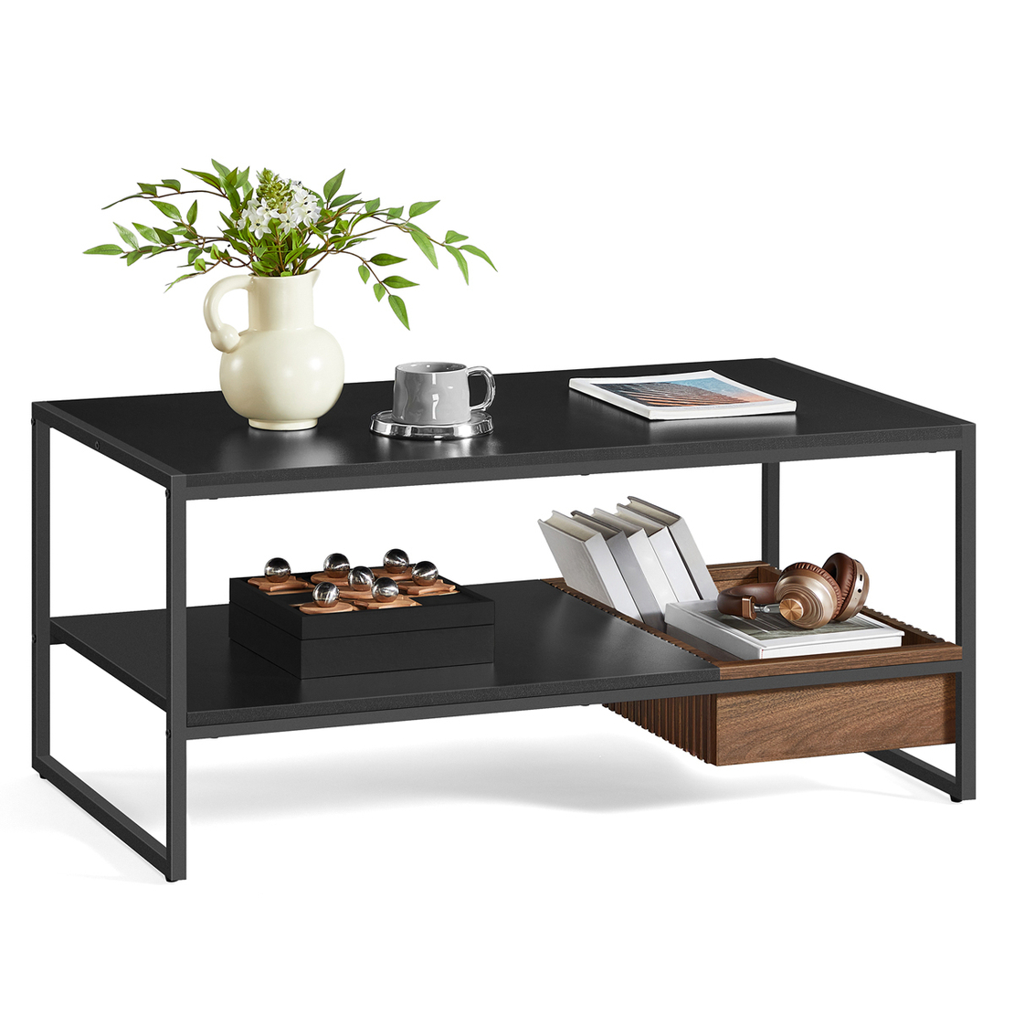 VASAGLE Masuta cafea cu sertar si raft inferior, structura otel, 100x55x45 cm, negru